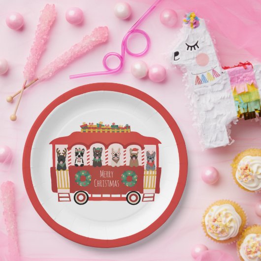 メリークリスマスフランスのブルドッグズホリデートロリー ペーパープレート (パーティー)