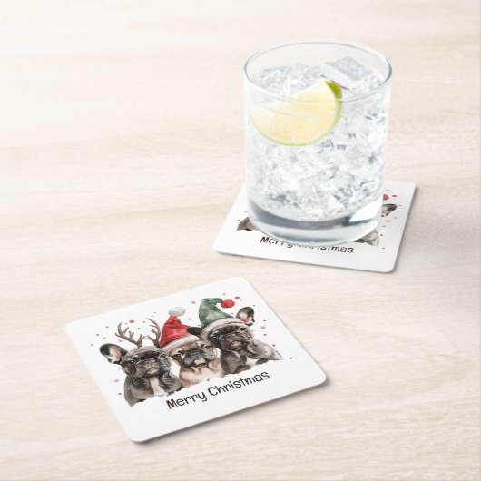 メリークリスマスフランスのブルドッグトナカイ犬 スクエアペーパーコースター (インサイチュ)