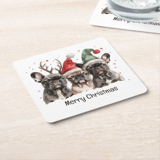 メリークリスマスフランスのブルドッグトナカイ犬 スクエアペーパーコースター (アングル)