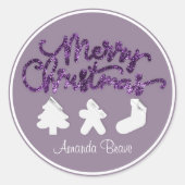 メリークリスマスフレームツリーネーム金ゴールドスモークパープル ラウンドシール (正面)