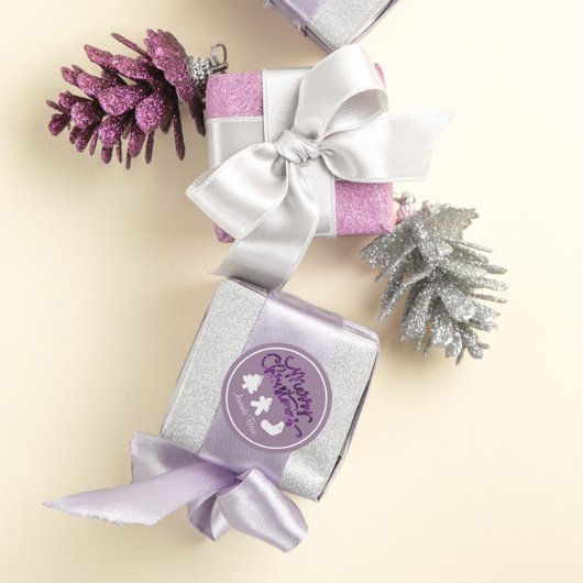 メリークリスマスフレームツリーネーム金ゴールドスモークパープル ラウンドシール