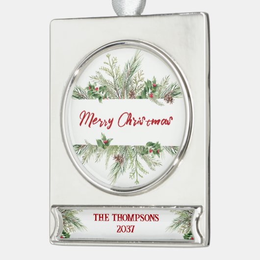 メリークリスマスフレーム冬のウィースグリーティング シルバープレートバナーオーナメント (左)