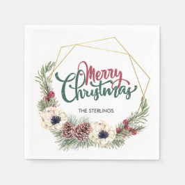 メリークリスマスフローラパインコーンホリー金ゴールドフレーム スタンダードカクテルナプキン