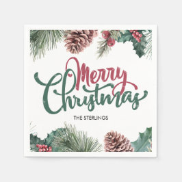 メリークリスマスフローラパインコーンレッドホリー縁ど スタンダードカクテルナプキン