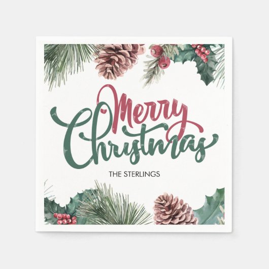 メリークリスマスフローラパインコーンレッドホリー縁ど スタンダードカクテルナプキン (正面)
