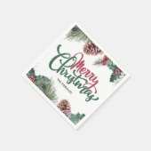 メリークリスマスフローラパインコーンレッドホリー縁ど スタンダードカクテルナプキン (角)