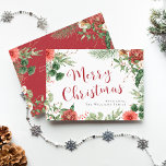 メリークリスマスフローラホリデーカード<br><div class="desc">メリークリスマスフローラホリデーカード。水色の赤い花と白い背景エレガントに緑の緑を施し、赤い文字のメリークリスマスを飾った美しいホリデーカード。カードの背面には同じアートワークが含まれているが、パーソナライズのための文字と赤い背景に。</div>