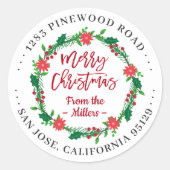 メリークリスマスフローラリースあなたの差出人住所 ラウンドシール (正面)