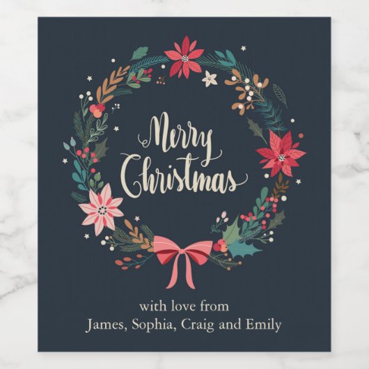 メリークリスマスフローラリース パーソナライズされた ワインラベル (シングルラベル)