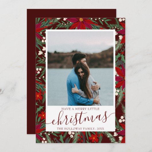 メリークリスマスフローラ赤い緑のカップルの写真 案内状 (正面/裏面)