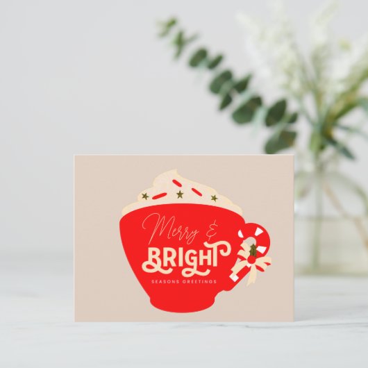 メリークリスマスブライトホットチョコレートレッドマグカップ ポストカード (スタンド正面)