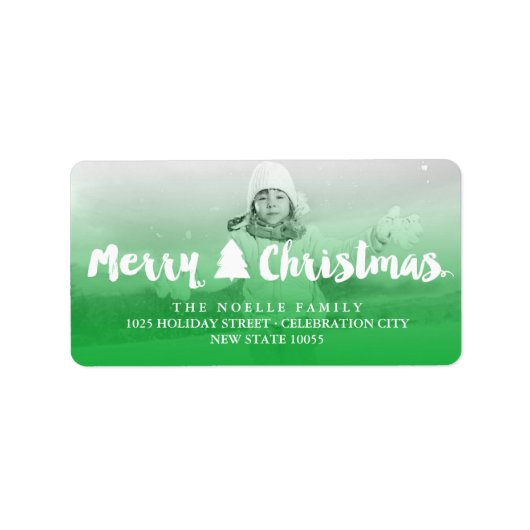 メリークリスマスブラシスクリプトツリーの写真アドレス ラベル (正面)