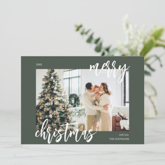 メリークリスマスブラシスクリプトフォトグリーン シーズンカード (スタンド正面)