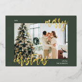 メリークリスマスブラシスクリプトフォトグリーン 箔シーズンカード (正面)