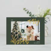 メリークリスマスブラシスクリプトフォトグリーン 箔シーズンカード (立ち正面)