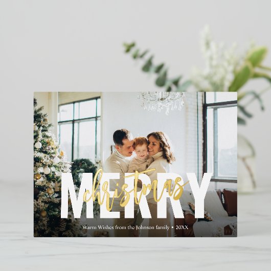 メリークリスマスブラシスクリプトフォトフォイルホリデー 箔シーズンカード (立ち正面)