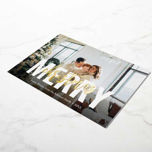 メリークリスマスブラシスクリプトフォトフォイルホリデー 箔シーズンカード (回転した状態)