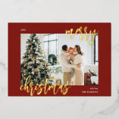 メリークリスマスブラシスクリプトフォトレッド 箔シーズンカード (正面)