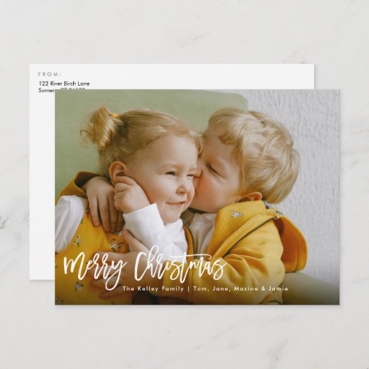 メリークリスマスブラシスクリプトホワイトホリデー写真 ポストカード (正面/裏面)