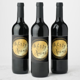 メリークリスマスブラックと金ゴールドブライトシック高級文字 ワインラベル