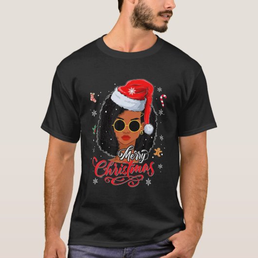 メリークリスマスブラックアフリカンアメリカンクリスマスサンタ Tシャツ (正面)