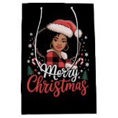 メリークリスマスブラックアフリカンガールサンタハットクリスマス ミディアムペーパーバッグ (正面)