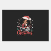 メリークリスマスブラックアフリカンガールサンタハットクリスマス ラッピングペーパーシート (正面)