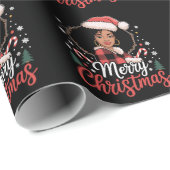 メリークリスマスブラックアフリカンガールサンタハットクリスマス ラッピングペーパー (ロールコーナー)