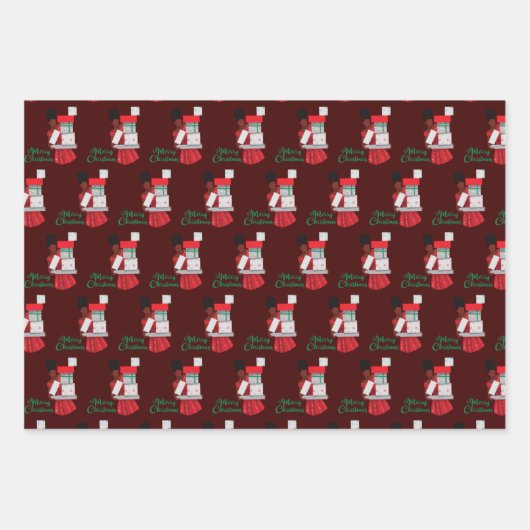 メリークリスマスブラックアフリカン・アメリカン・ウィメンズ・ギフト ラッピングペーパーシート (正面3)