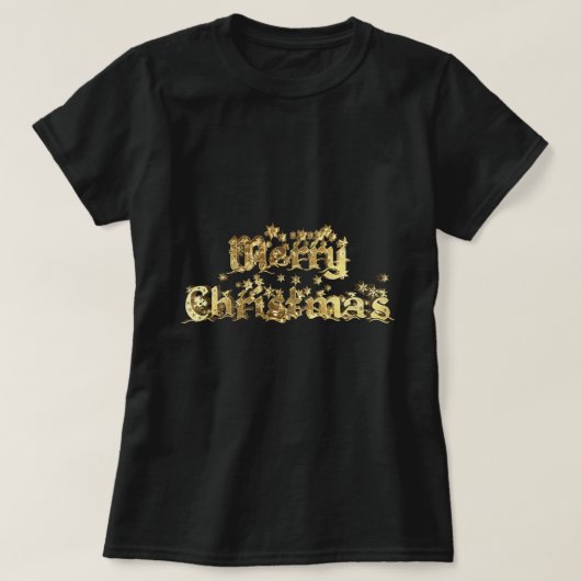 メリークリスマスブラックアンド金ゴールドスターズタイポグラフィ Tシャツ (デザイン正面)