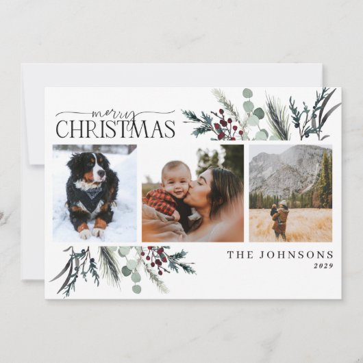 メリークリスマスブラックウィンターボタニカルフォトホリド シーズンカード (正面)