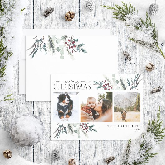 メリークリスマスブラックウィンターボタニカルフォトホリド シーズンカード