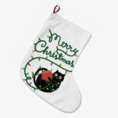 メリークリスマスブラックキャットオーナメントとライト ラージクリスマスストッキング (正面 (吊り時))