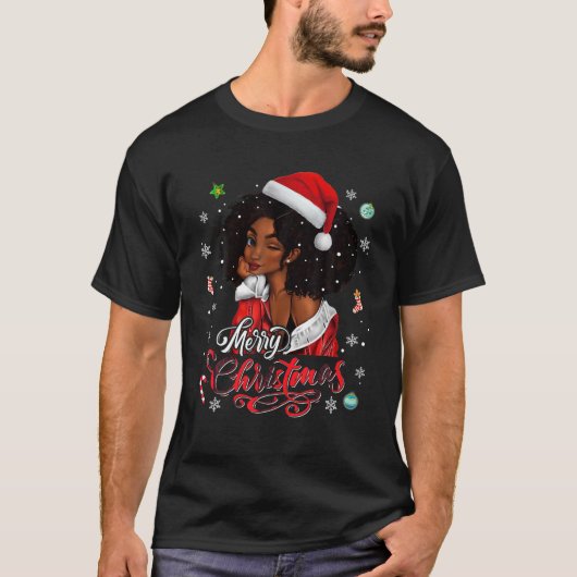 メリークリスマスブラッククイーンガールアフリカンサンタメル Tシャツ (正面)