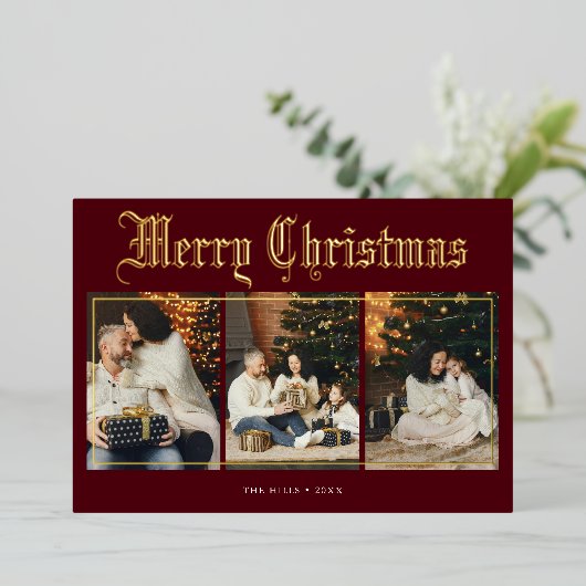 メリークリスマスブラックレターフォトレッド 箔シーズンカード (立ち正面)