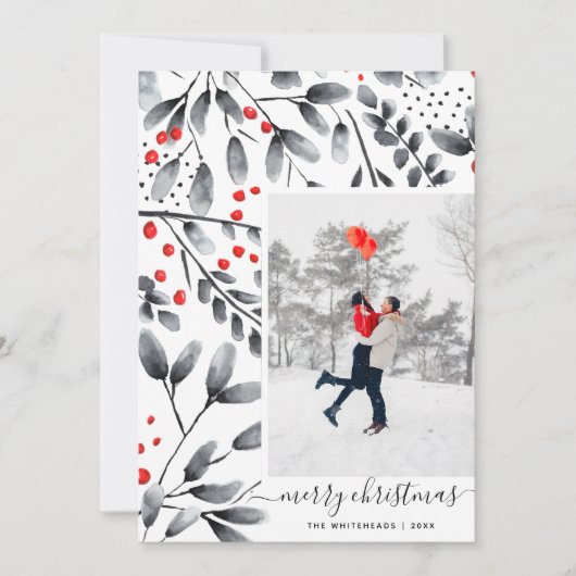 メリークリスマスブラックレッドウォーターカラーモダン写真 シーズンカード (正面)