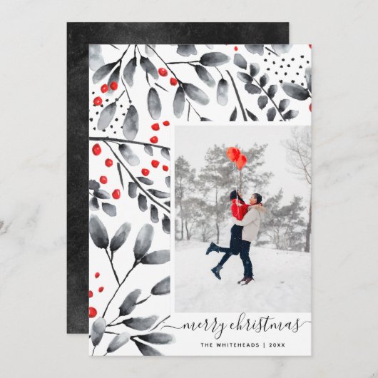 メリークリスマスブラックレッドウォーターカラーモダン写真 シーズンカード (正面/裏面)