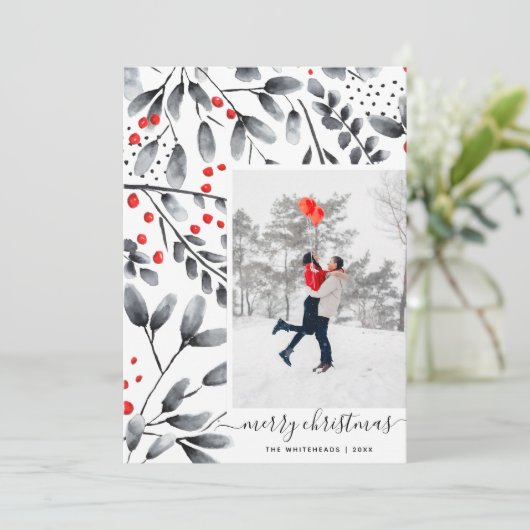 メリークリスマスブラックレッドウォーターカラーモダン写真 シーズンカード (スタンド正面)