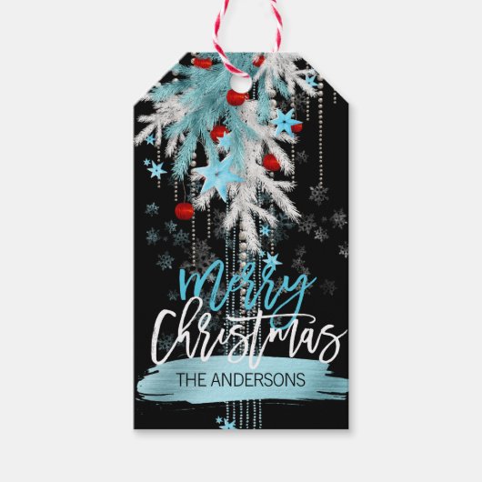 メリークリスマスブラックレッドシルバーブルー雪 ギフトタグ (正面)