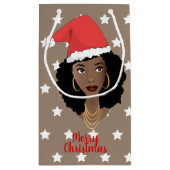 メリークリスマスブラック女性サンタハット、スターズブラウン スモールペーパーバッグ (裏面)