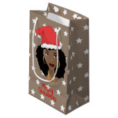 メリークリスマスブラック女性サンタハット、スターズブラウン スモールペーパーバッグ (正面アングル)