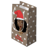 メリークリスマスブラック女性サンタハット、スターズブラウン スモールペーパーバッグ (裏面アングル)