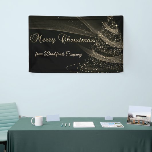 メリークリスマスブラック金ゴールドクリスマスツリー 横断幕 (トレードショー)