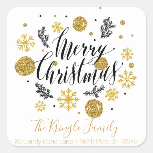 メリークリスマスブラック金ゴールドファミリー差出人住所 スクエアシール (正面)
