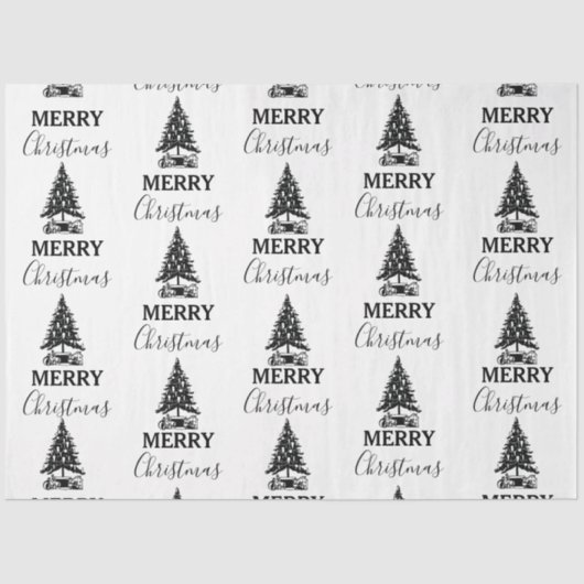 メリークリスマスブラック&ホワイトヴィンテージクリスマスツリー 薄葉紙 (正面)