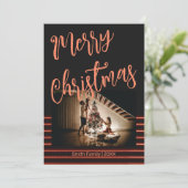 メリークリスマスブラック&レッド金ゴールドフォトポストカード 招待状 (スタンド正面)