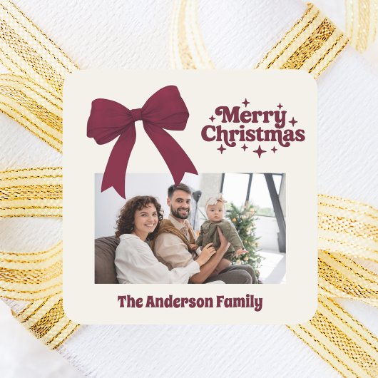 メリークリスマスブルゴーニュの弓ベージュのレトロ写真 スクエアシール