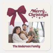 メリークリスマスブルゴーニュの弓ベージュのレトロ写真 スクエアシール (正面)
