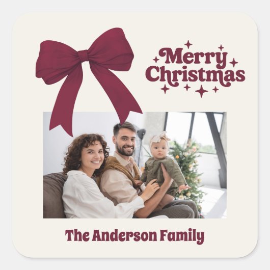 メリークリスマスブルゴーニュの弓ベージュのレトロ写真 スクエアシール (正面)