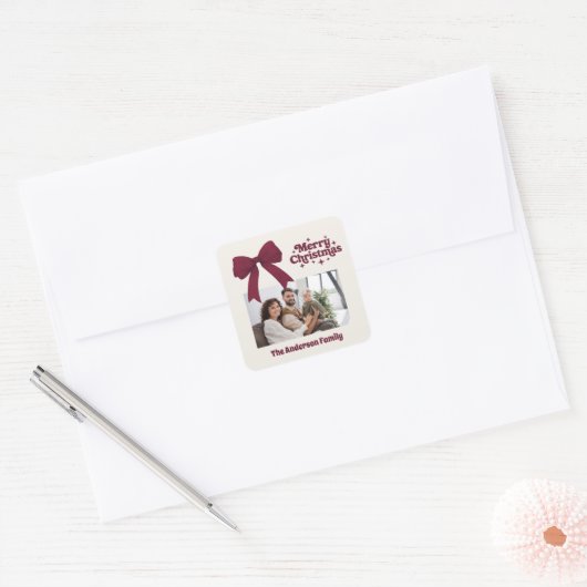 メリークリスマスブルゴーニュの弓ベージュのレトロ写真 スクエアシール (封筒)